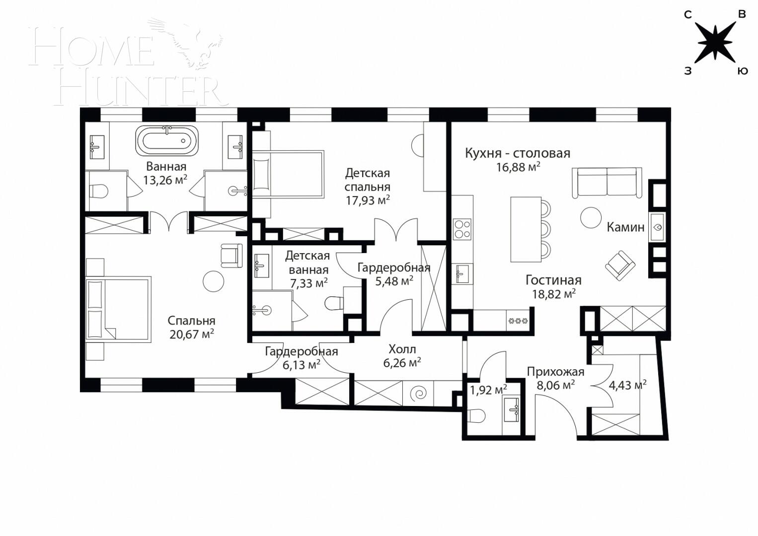 4-КОМН. КВАРТИРА БЕЗ ОТДЕЛКИ 132 М² НА 4 ЭТАЖЕ