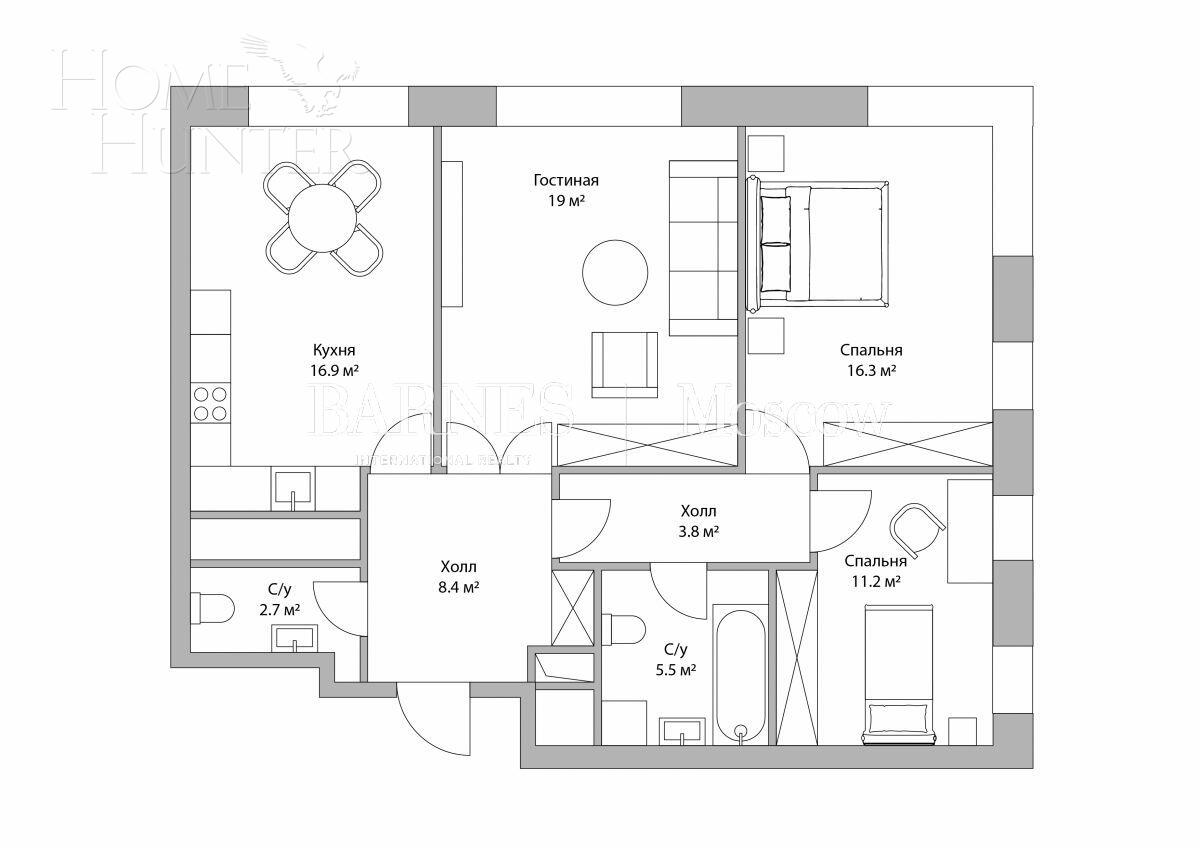 3-КОМН. ПЕНТХАУС БЕЗ ОТДЕЛКИ 84.1 М² НА 41 ЭТАЖЕ