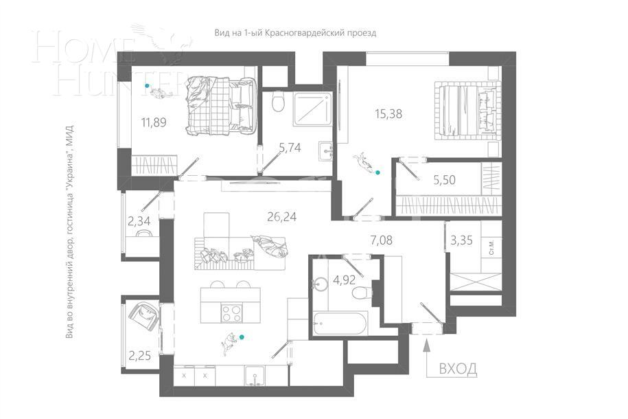 3-КОМН. КВАРТИРА С ОТДЕЛКОЙ 85 М² НА 15 ЭТАЖЕ