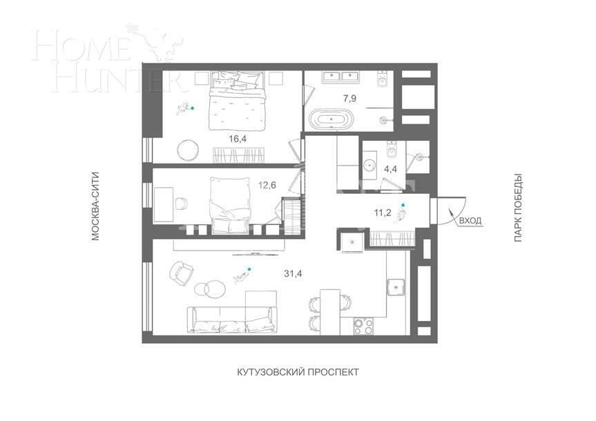 3-КОМН. АПАРТАМЕНТЫ С ОТДЕЛКОЙ 85 М² НА 15 ЭТАЖЕ