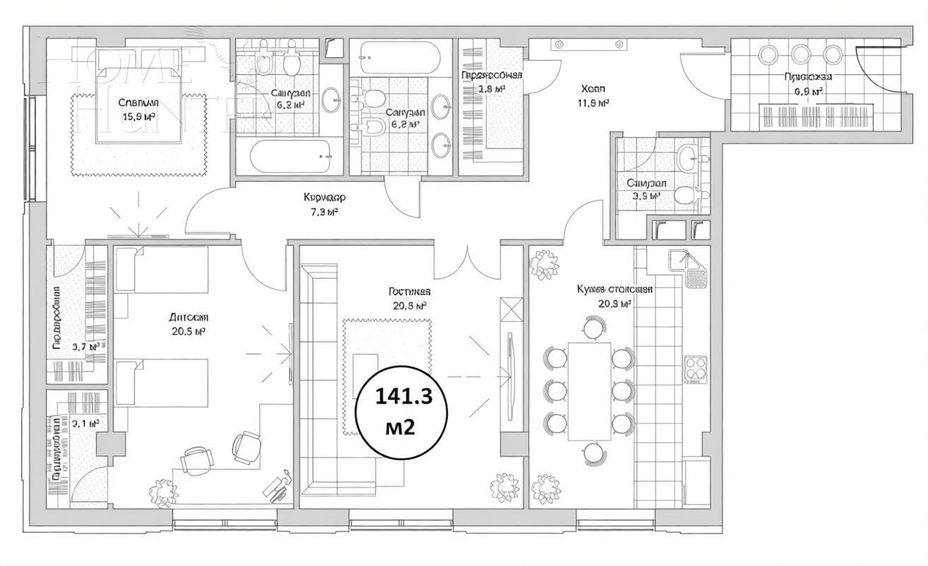 4-КОМН. АПАРТАМЕНТЫ БЕЗ ОТДЕЛКИ 141.3 М² НА 11 ЭТАЖЕ