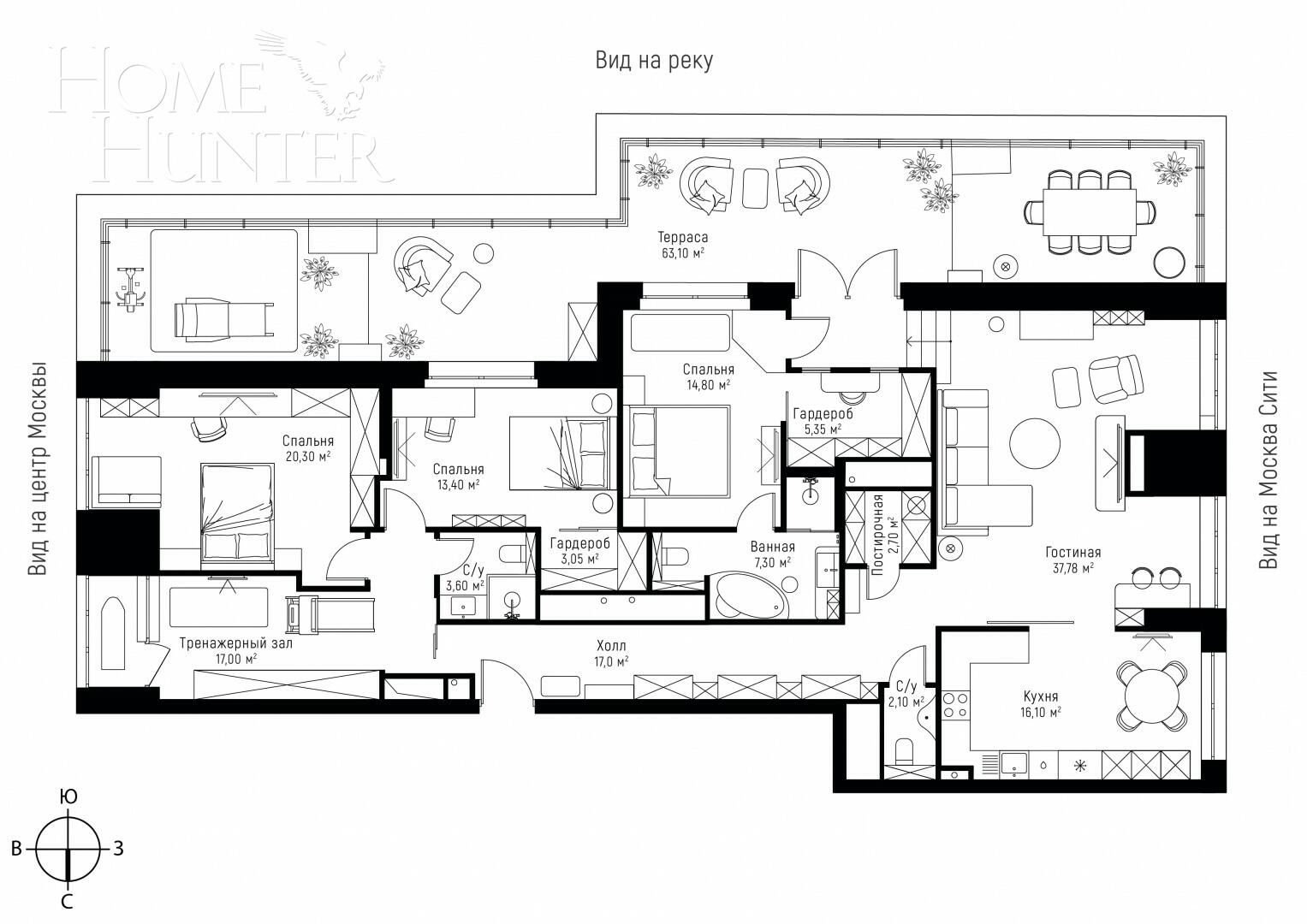 5-КОМН. ПЕНТХАУС БЕЗ ОТДЕЛКИ 149.2 М² НА 19 ЭТАЖЕ
