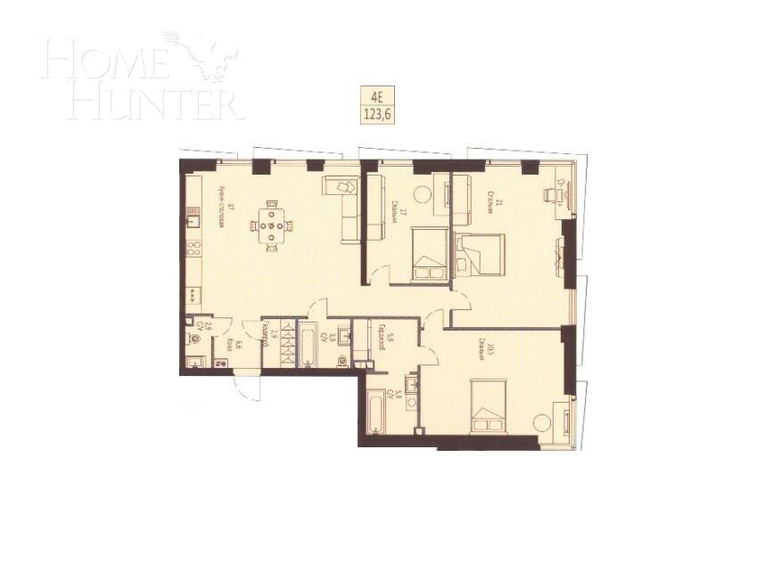 4-КОМН. КВАРТИРА БЕЗ ОТДЕЛКИ 123.6 М² НА 40 ЭТАЖЕ
