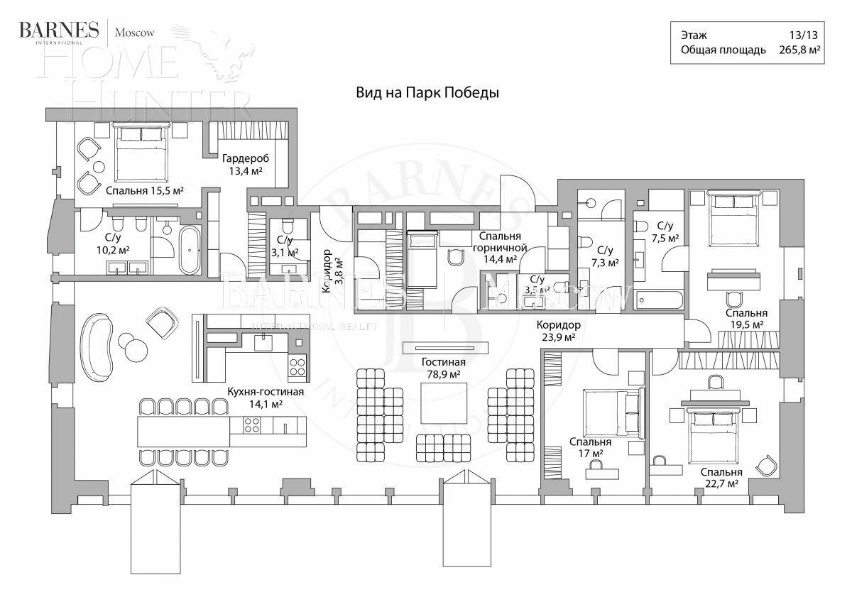 5-КОМН. ПЕНТХАУС С ОТДЕЛКОЙ 265.78 М² НА 13 ЭТАЖЕ