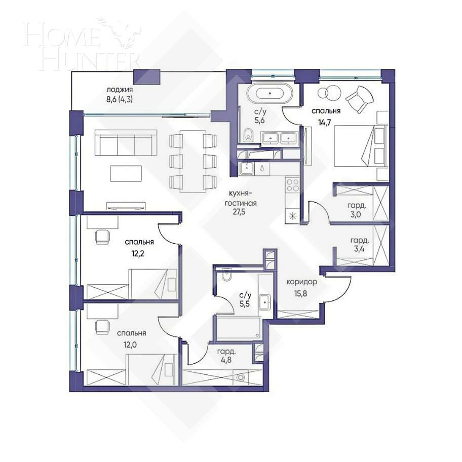 3-КОМН. КВАРТИРА БЕЗ ОТДЕЛКИ 114.1 М² НА 4 ЭТАЖЕ