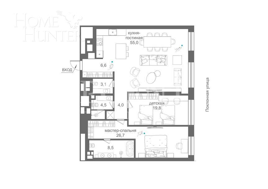 3-КОМН. АПАРТАМЕНТЫ С ОТДЕЛКОЙ 128.2 М² НА 18 ЭТАЖЕ