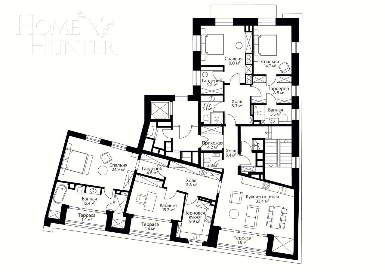 5-КОМН. КВАРТИРА БЕЗ ОТДЕЛКИ 191 М² НА 5 ЭТАЖЕ