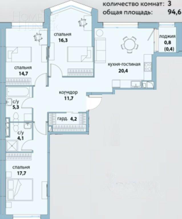 3-КОМН. КВАРТИРА БЕЗ ОТДЕЛКИ 94.6 М² НА 10 ЭТАЖЕ