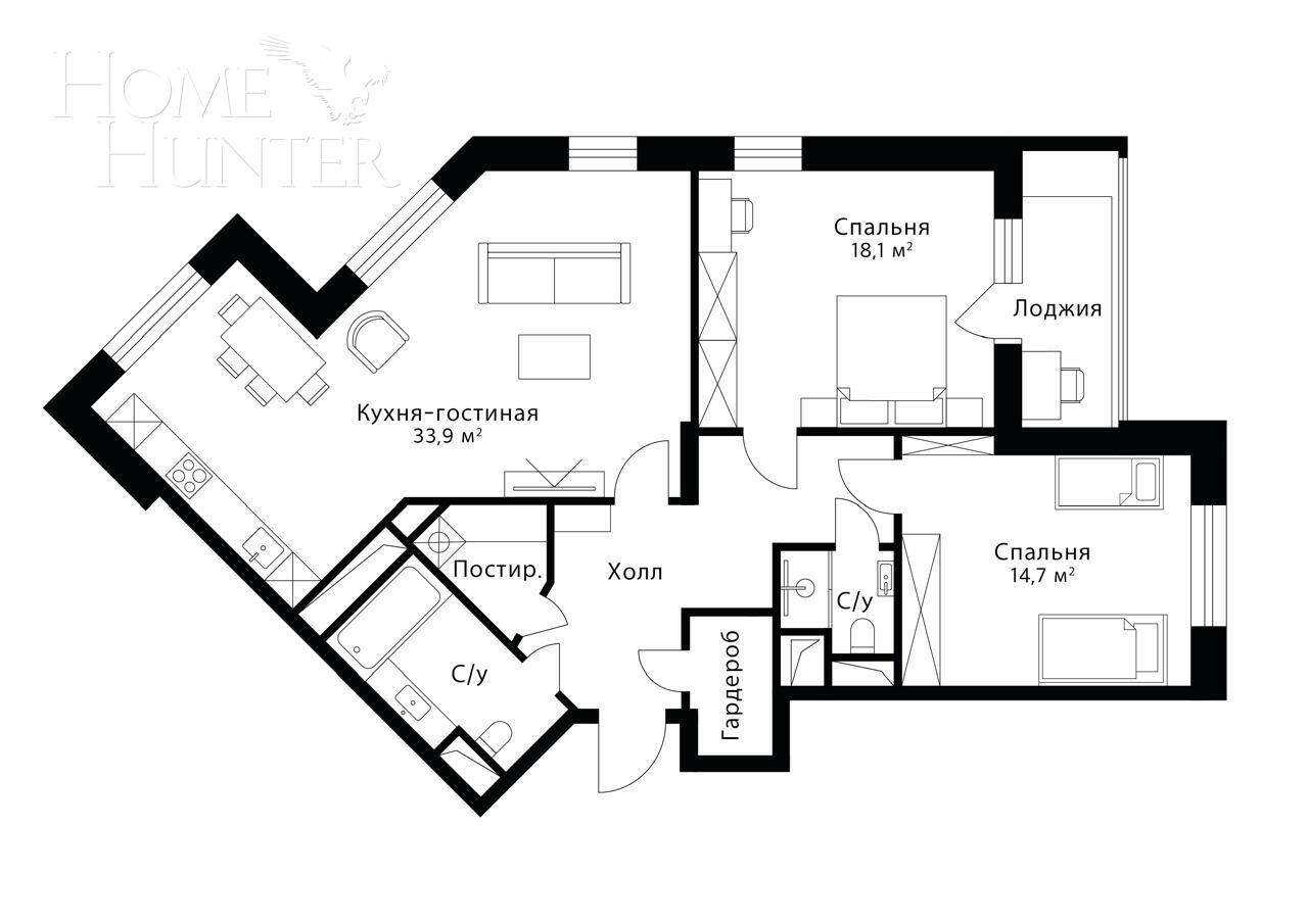 3-КОМН. КВАРТИРА С ОТДЕЛКОЙ 92 М² НА 19 ЭТАЖЕ