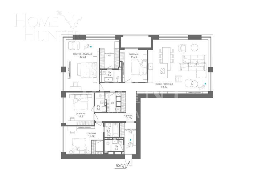 5-КОМН. КВАРТИРА С ОТДЕЛКОЙ 200 М² НА 4 ЭТАЖЕ