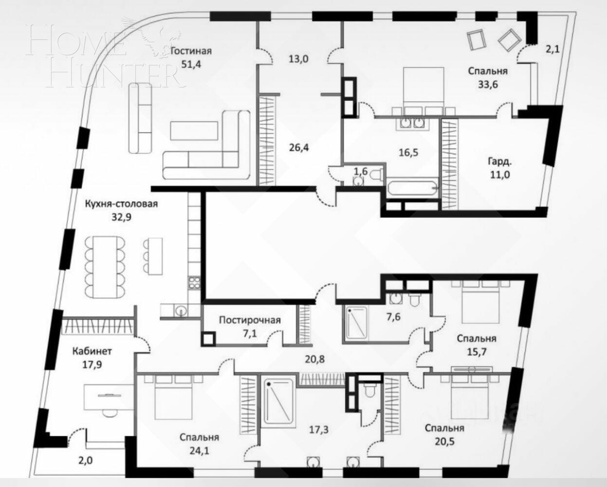 6-КОМН. ПЕНТХАУС БЕЗ ОТДЕЛКИ 308 М² НА 14 ЭТАЖЕ