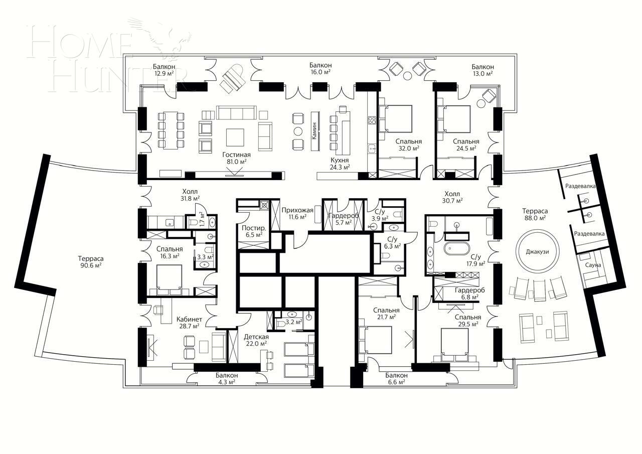 8-КОМН. КВАРТИРА БЕЗ ОТДЕЛКИ 416 М² НА 2 ЭТАЖЕ