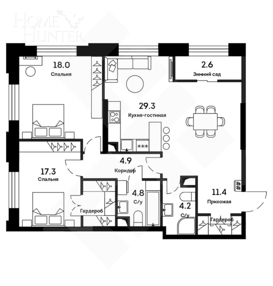 5-КОМН. ПЕНТХАУС БЕЗ ОТДЕЛКИ 143 М² НА 34 ЭТАЖЕ
