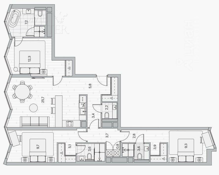 4-КОМН. КВАРТИРА БЕЗ ОТДЕЛКИ 103.5 М² НА 15 ЭТАЖЕ