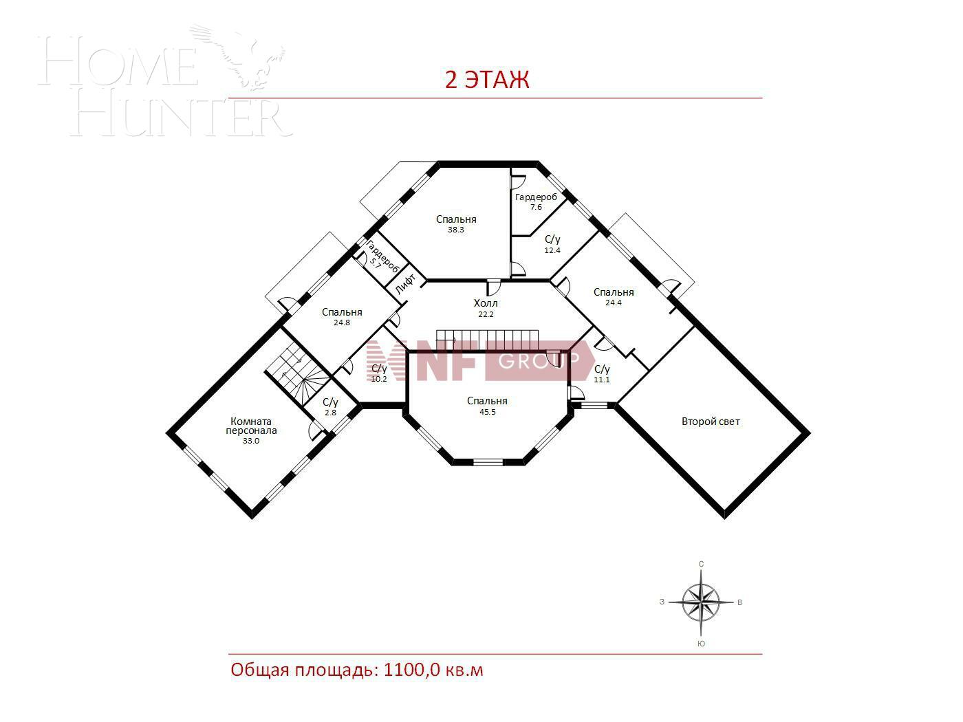 2-этажный коттедж 1 100 м² с отделкой