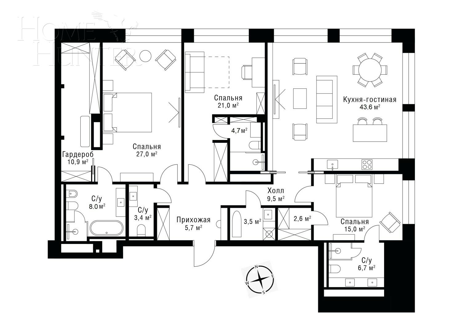 5-КОМН. КВАРТИРА БЕЗ ОТДЕЛКИ 163.5 М² НА 1 ЭТАЖЕ