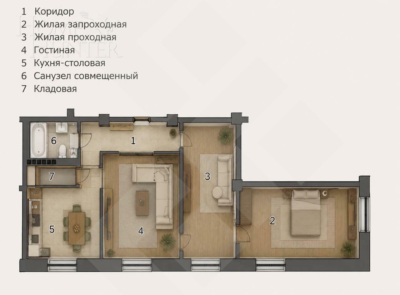 3-КОМН. КВАРТИРА С ОТДЕЛКОЙ 77 М² НА 5 ЭТАЖЕ
