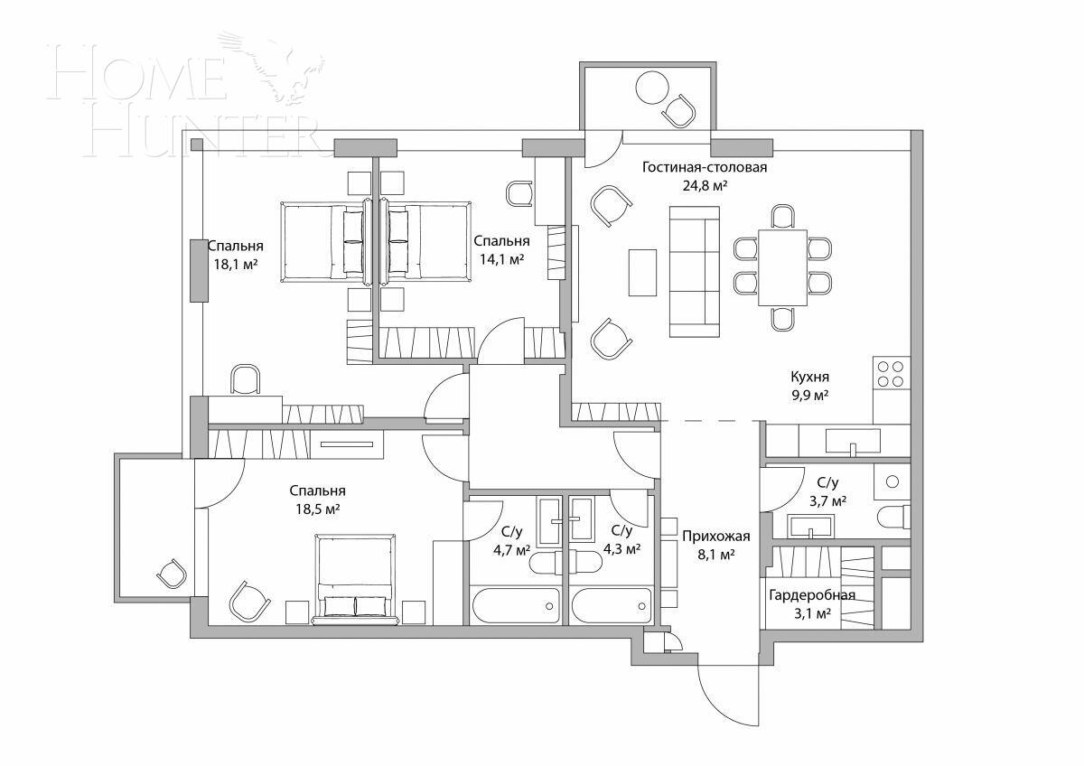 4-КОМН. КВАРТИРА БЕЗ ОТДЕЛКИ 116.6 М² НА 3 ЭТАЖЕ