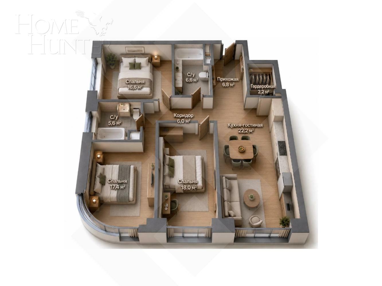 4-КОМН. КВАРТИРА БЕЗ ОТДЕЛКИ 103 М² НА 11 ЭТАЖЕ
