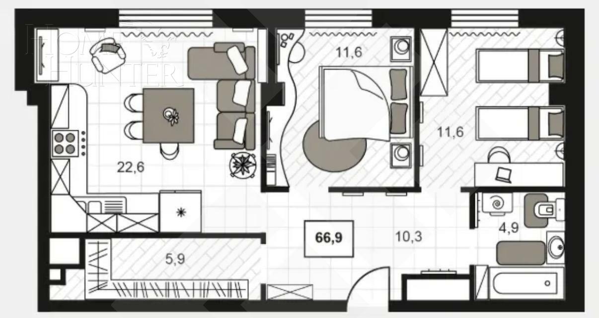 2-КОМН. КВАРТИРА БЕЗ ОТДЕЛКИ 85.6 М² НА 12 ЭТАЖЕ