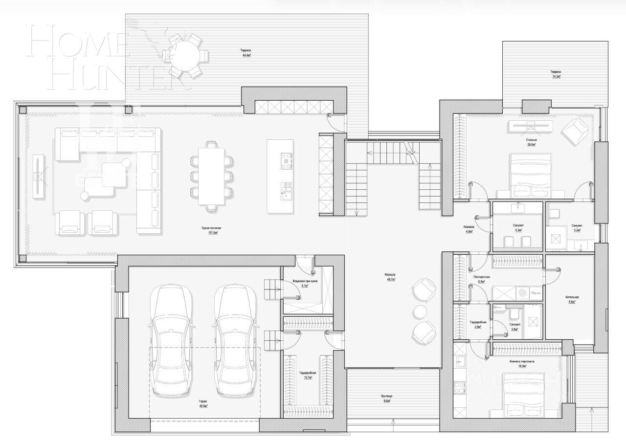 1-этажный коттедж 590 м² без отделки