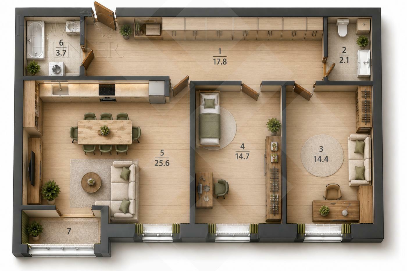 3-КОМН. КВАРТИРА БЕЗ ОТДЕЛКИ 78 М² НА 15 ЭТАЖЕ