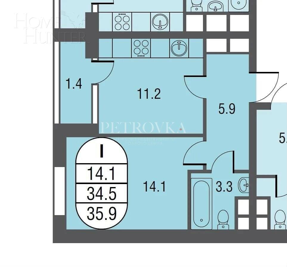 2-КОМН. КВАРТИРА С ОТДЕЛКОЙ 35.4 М² НА 7 ЭТАЖЕ