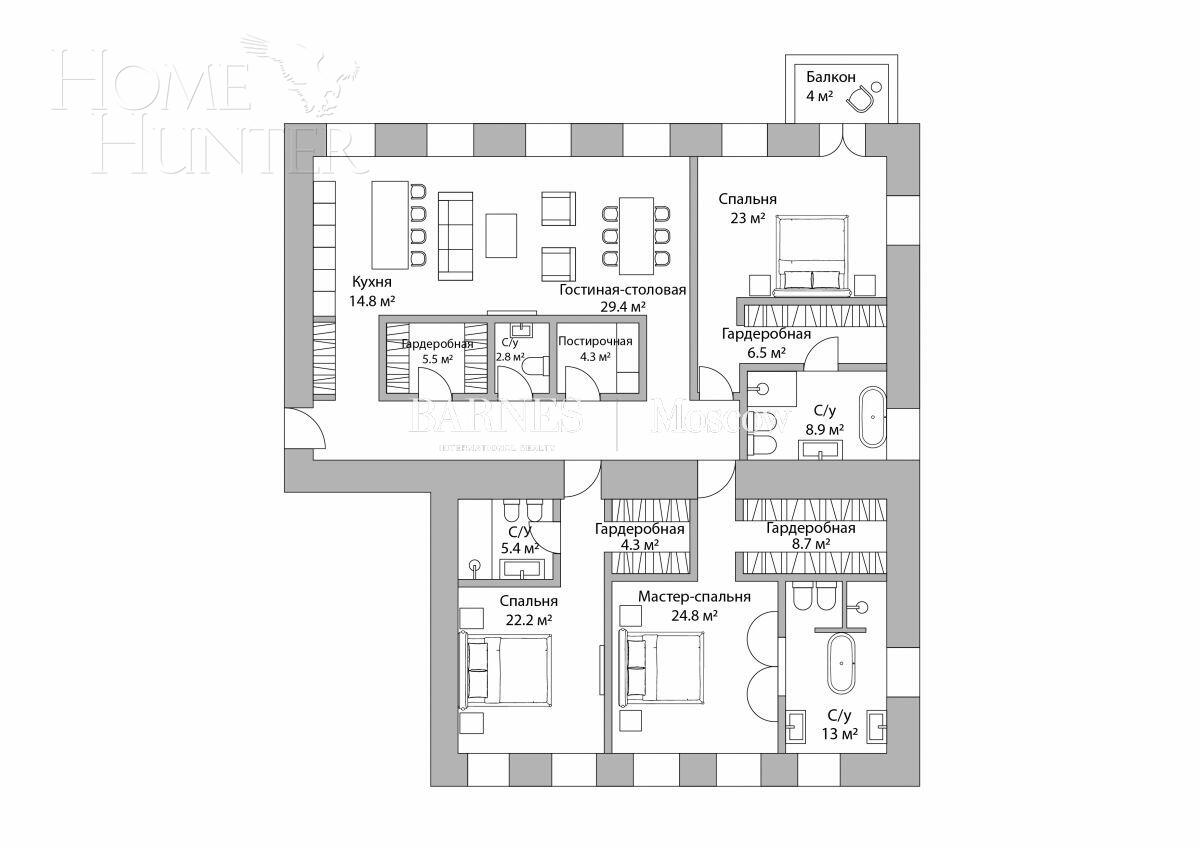 4-КОМН. КВАРТИРА БЕЗ ОТДЕЛКИ 210 М² НА 2 ЭТАЖЕ