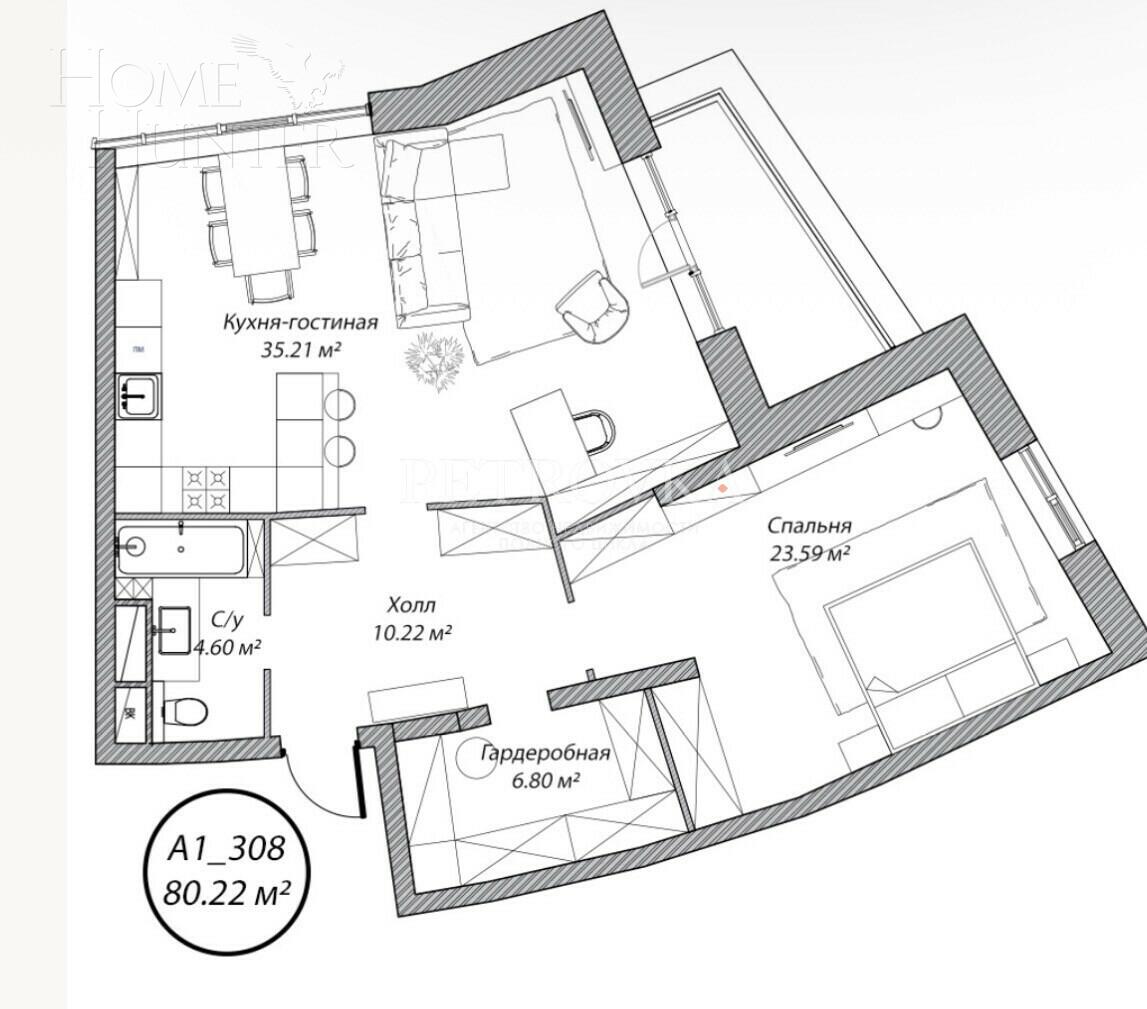 2-КОМН. КВАРТИРА БЕЗ ОТДЕЛКИ 80 М² НА 4 ЭТАЖЕ