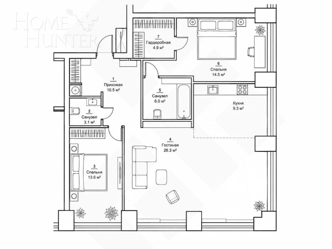 2-КОМН. КВАРТИРА БЕЗ ОТДЕЛКИ 88 М² НА 8 ЭТАЖЕ