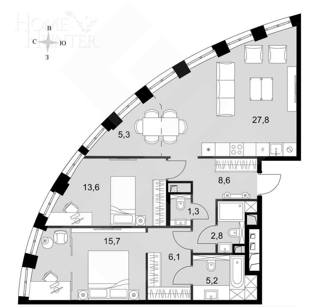 2-КОМН. КВАРТИРА БЕЗ ОТДЕЛКИ 86.1 М² НА 42 ЭТАЖЕ
