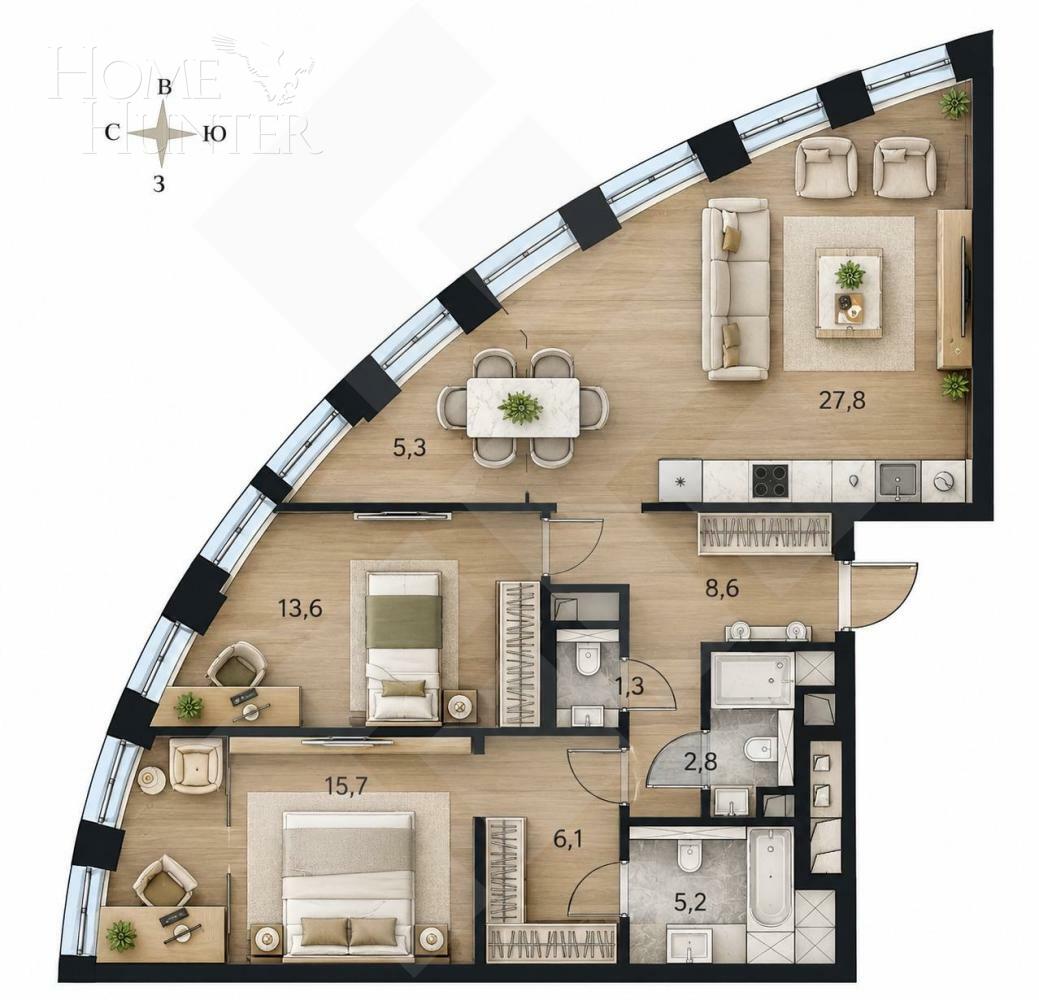 2-КОМН. КВАРТИРА БЕЗ ОТДЕЛКИ 86.1 М² НА 42 ЭТАЖЕ