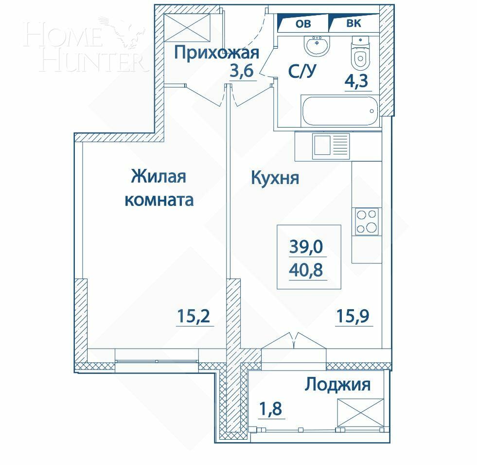 1-КОМН. КВАРТИРА БЕЗ ОТДЕЛКИ 41 М² НА 21 ЭТАЖЕ