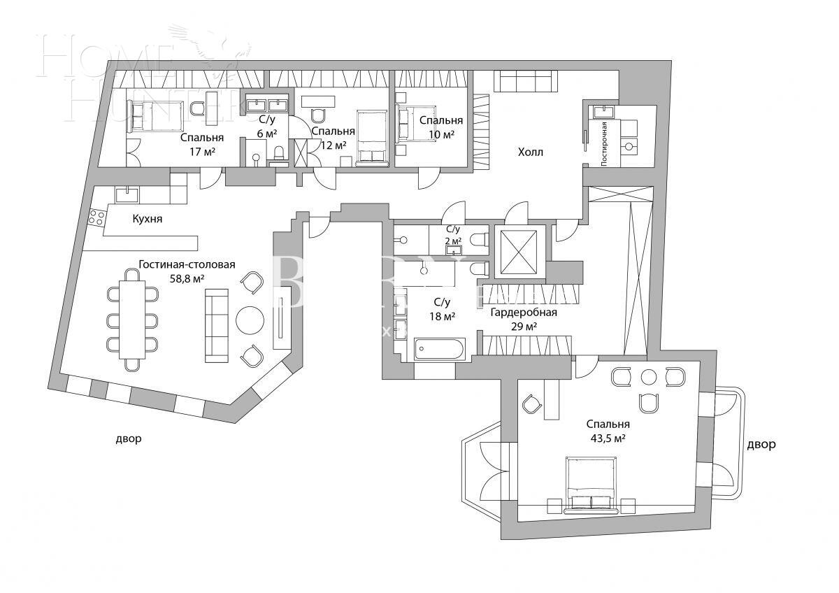 5-КОМН. ПЕНТХАУС БЕЗ ОТДЕЛКИ 255 М² НА 5 ЭТАЖЕ