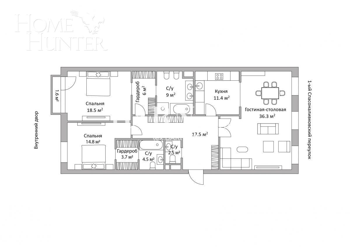 3-КОМН. КВАРТИРА БЕЗ ОТДЕЛКИ 124.95 М² НА 5 ЭТАЖЕ
