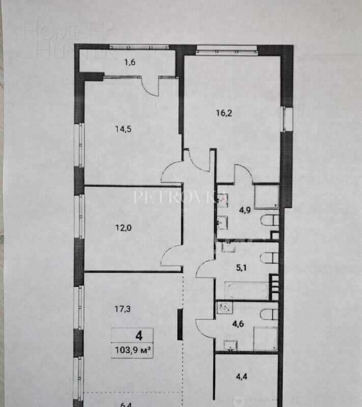 4-КОМН. КВАРТИРА БЕЗ ОТДЕЛКИ 104 М² НА 13 ЭТАЖЕ