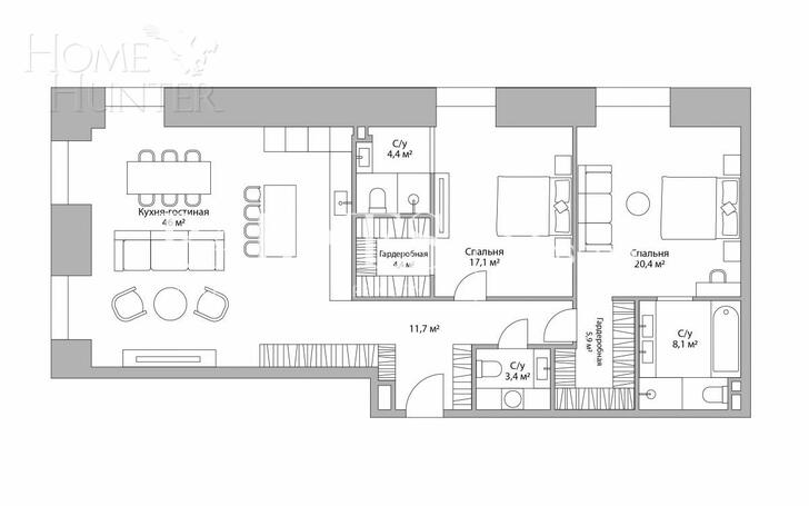 3-КОМН. КВАРТИРА БЕЗ ОТДЕЛКИ 124 М² НА 4 ЭТАЖЕ