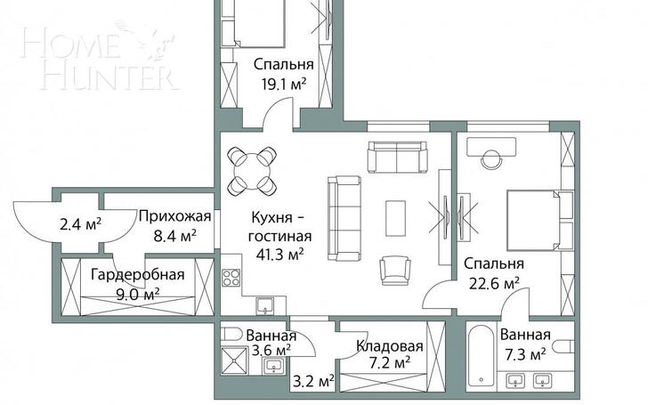 3-КОМН. КВАРТИРА БЕЗ ОТДЕЛКИ 122 М² НА 2 ЭТАЖЕ