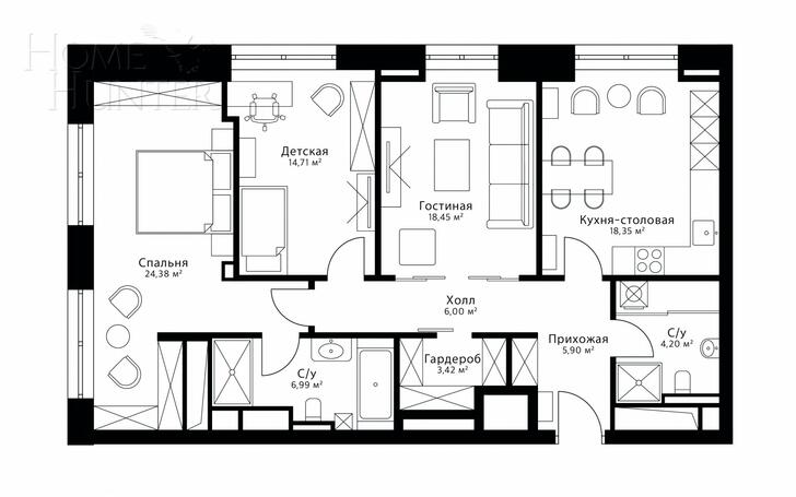 3-КОМН. КВАРТИРА С ОТДЕЛКОЙ 106.5 М² НА 24 ЭТАЖЕ