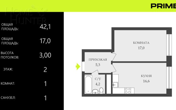 1-КОМН. КВАРТИРА С ОТДЕЛКОЙ 42.5 М² НА 2 ЭТАЖЕ