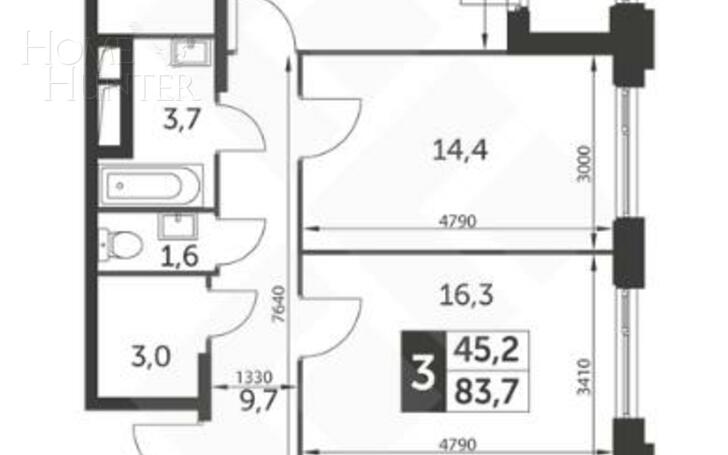 3-КОМН. КВАРТИРА БЕЗ ОТДЕЛКИ 84 М² НА 15 ЭТАЖЕ