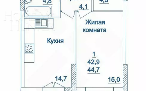 1-комн. кв., 45 м², 6/24 этаж