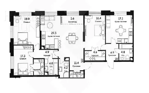 5-КОМН. ПЕНТХАУС БЕЗ ОТДЕЛКИ 143 М² НА 34 ЭТАЖЕ