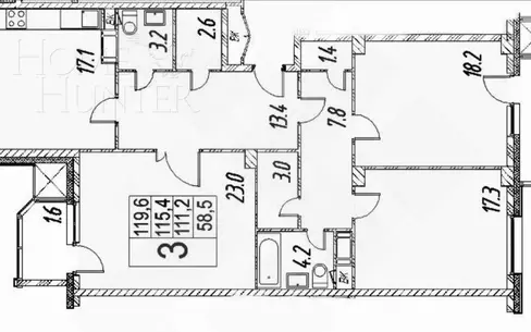 3-КОМН. КВАРТИРА БЕЗ ОТДЕЛКИ 117 М² НА 18 ЭТАЖЕ
