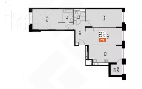 3-КОМН. КВАРТИРА БЕЗ ОТДЕЛКИ 92 М² НА 8 ЭТАЖЕ