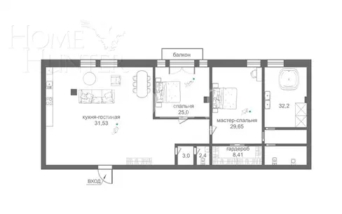 4-КОМН. АПАРТАМЕНТЫ БЕЗ ОТДЕЛКИ 200 М² НА 2 ЭТАЖЕ