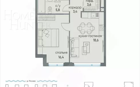1-КОМН. КВАРТИРА БЕЗ ОТДЕЛКИ 47.8 М² НА 6 ЭТАЖЕ