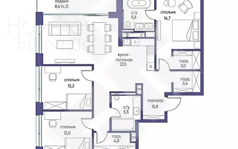 3-КОМН. КВАРТИРА БЕЗ ОТДЕЛКИ 114.1 М² НА 4 ЭТАЖЕ