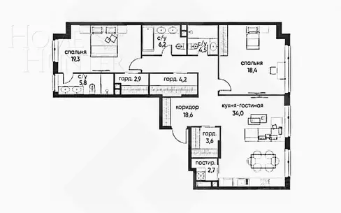 4-КОМН. КВАРТИРА БЕЗ ОТДЕЛКИ 118 М² НА 6 ЭТАЖЕ