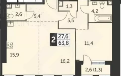 3-КОМН. КВАРТИРА БЕЗ ОТДЕЛКИ 62 М² НА 18 ЭТАЖЕ